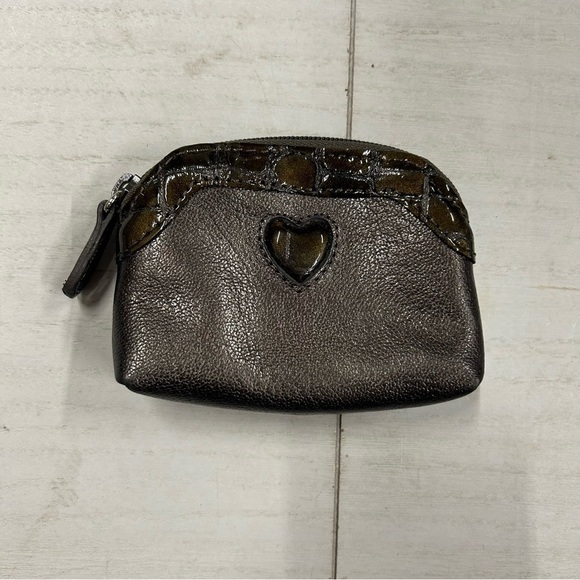 Brighton Coin Purse Brown Pebble Leather with Crocodile trim & heart accent EUC - Picture 1 of 10
